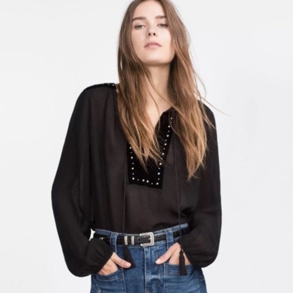 Zara Tie-Neck Studded Top